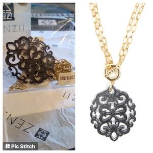 NWT ZENZII Black Glitter Damask Resin Pendant Necklace, 18K Gold Chain 36" L